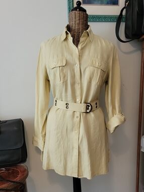 Carole Little Pale Apple Linen Belted Safari Shirtdress szL  BinJ